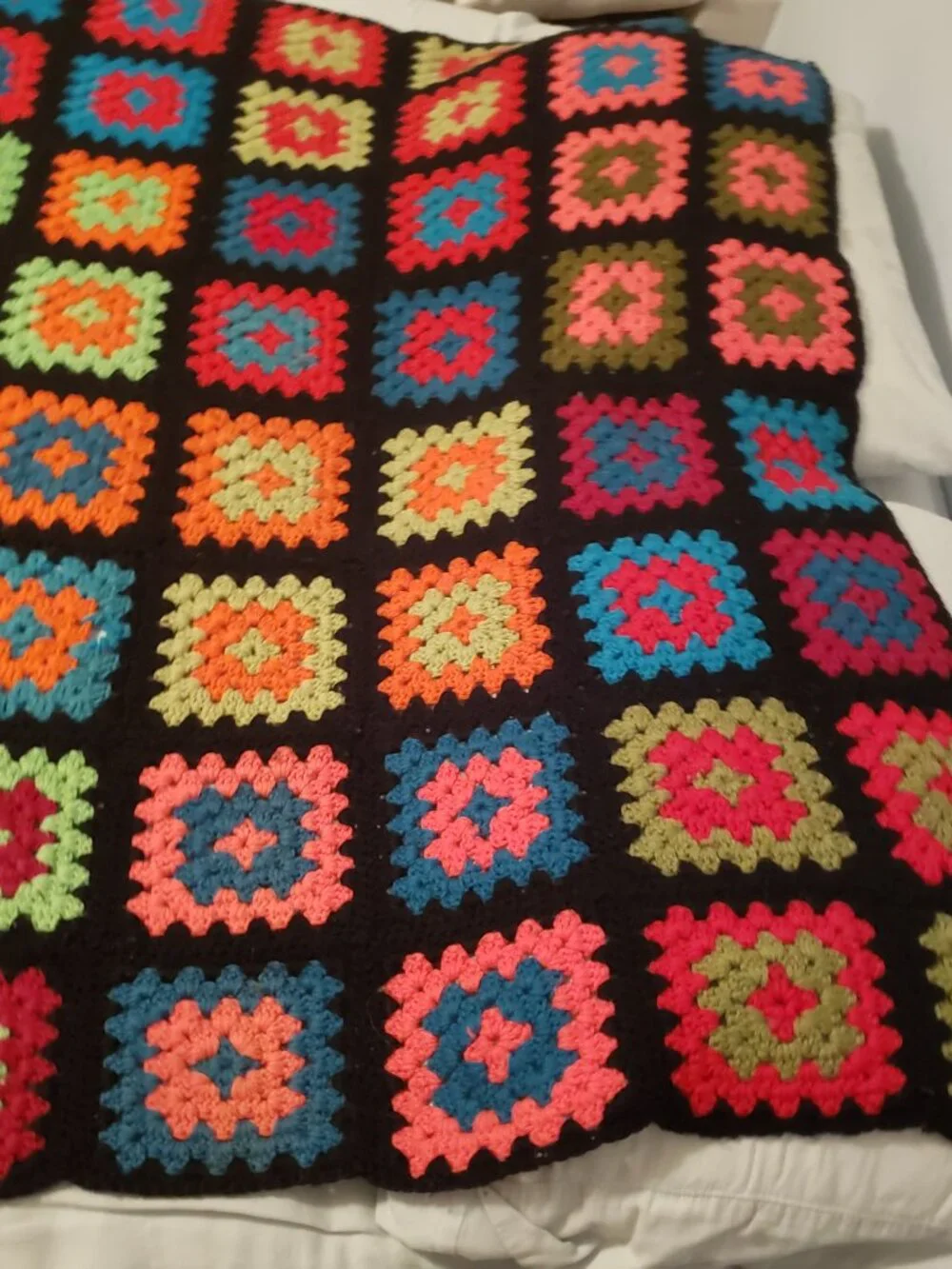 Vintage Granny Square Afghan Black Rainbow Crochet Blanket 56x90 Handmade Throw
